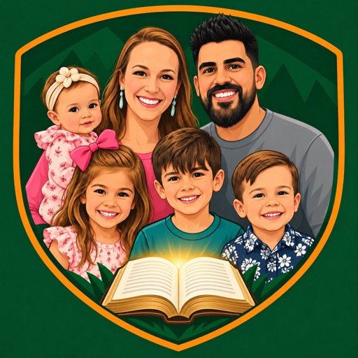 Example app icon: a family illustrated inside a green team crest with an open Bible